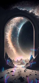 Futuristic cosmic portal in a galaxy setting with stars and neon accents.