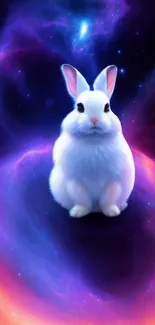 White rabbit sitting in a colorful cosmic galaxy background.