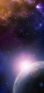 Vibrant cosmic galaxy wallpaper with stars and a distant planet in purples and blues.