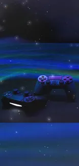 Blue cosmic gaming controllers with vibrant design.