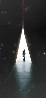 Silhouette in a cosmic gateway with mystical starry backdrop.