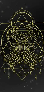 Gemini zodiac abstract art with golden lines on a black starry background.