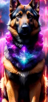 German Shepherd in a cosmic galaxy-themed design with purple hues.