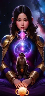 Cosmic girl holding galaxy with monkey, set against a starry sky and colorful nebula.