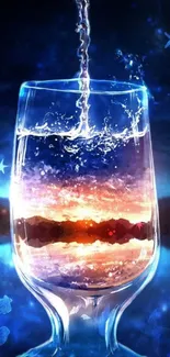 Beautiful cosmic twilight glass wallpaper with vibrant sunset reflection.