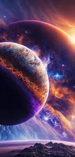 Vibrant cosmic wallpaper with glowing planets and nebulae.