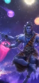 A cosmic wallpaper featuring Lord Shiva in a celestial purple setting.