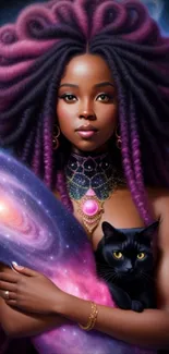 Mystical cosmic goddess with galaxy and black cat, colorful mobile wallpaper.