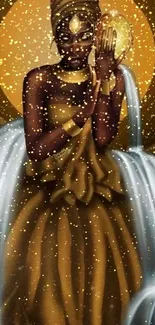 Cosmic goddess in golden hues with flowing waters.