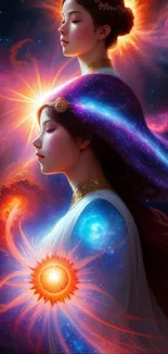 Fantasy cosmic artwork of a mystical goddess, filled with vibrant colors and celestial themes.