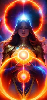 Cosmic goddess with vibrant orange aura and celestial elements.