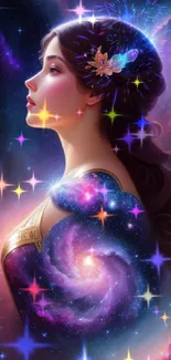 Elegant cosmic goddess with galaxy backdrop in vibrant colors.