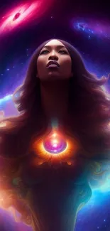 A cosmic goddess in vibrant colors and celestial background.