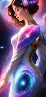 Artistic depiction of cosmic goddess with nebula-inspired background.