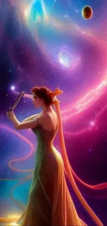 Cosmic scene with a goddess holding a book in vibrant purple hues.