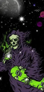 Grim Reaper in space with a neon green skateboard.