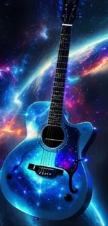 Galaxy-themed guitar with cosmic background and vibrant colors.