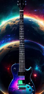 Electric guitar set against a cosmic, space-themed background.