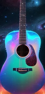 Vibrant cosmic guitar with galaxy backdrop.