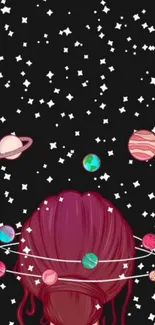 Stylized cosmic-themed hair with planets and stars on a black background.