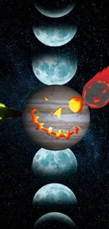 Halloween-themed cosmic wallpaper with planet, meteor, and moon phases.