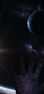 Cosmic hand reaching towards planets in deep space with stars and galaxy backdrop.