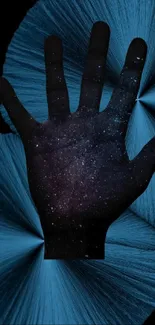 Abstract cosmic hand wallpaper with blue accents.