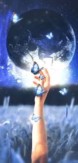 Hand reaching for a cosmic planet with blue butterflies in a starry night scene.