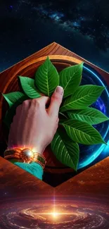 Dynamic wallpaper with hand, leaves, and cosmic background.