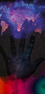 Cosmic hand reaching into a colorful galaxy on a dark starry background.