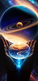 Hands cradle vibrant planets in cosmic galaxy art.