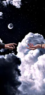 Two hands reach among clouds beneath a starry night sky.