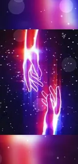 Neon hands reach through starry cosmic scene on mobile wallpaper.