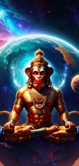 Cosmic Hanuman meditating among stars and planets, showcasing divine serenity.