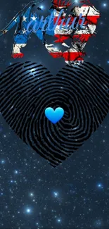 Blue and black cosmic fingerprint heart design with a starry background.