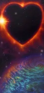 Heart-shaped nebula with glowing star and colorful planet in space art.