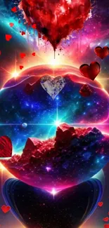 Colorful galaxy wallpaper with heart shapes