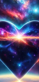 Vibrant cosmic heart amidst a galaxy backdrop.