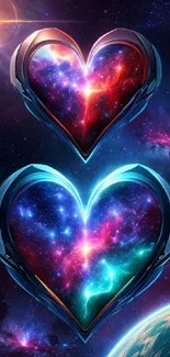 Cosmic hearts with galaxy theme in vibrant colors on a smartphone wallpaper.