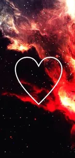 Heart shape on vibrant red cosmic nebula background.