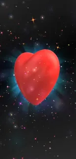 Red heart surrounded by stars against a cosmic background.