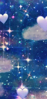 Purple and blue cosmic wallpaper with hearts and stars.