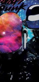 Cosmic music-themed wallpaper with vibrant galaxy helmet.