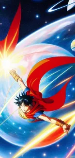 Vibrant anime hero flying through space with planets in the background.