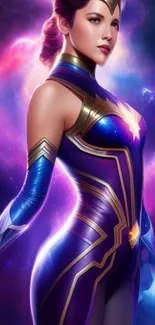 Cosmic heroine in vibrant purple space background.