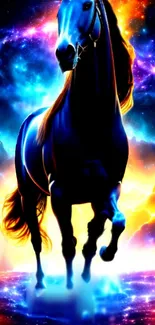 A dynamic cosmic horse glows in vibrant and colorful galaxy landscape.