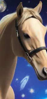 Majestic horse in a cosmic space-themed wallpaper with stars.