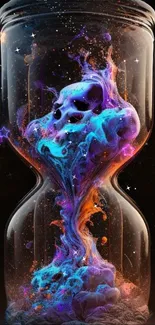 Colorful cosmic hourglass with swirling nebula and stars.