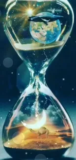 Surreal hourglass with cosmic earth and desert scene.