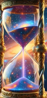 Galaxy-themed hourglass with cosmic backdrop